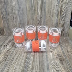 5 Retro Glass Tumblers, Red Fruit Band, White Stripes